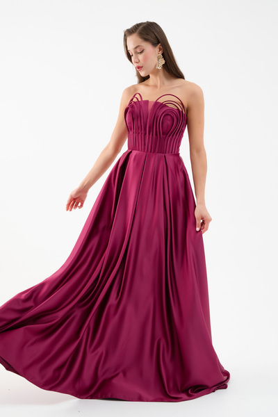 Lafaba Women's Plum Chest Detail Long Satin Evening Dress