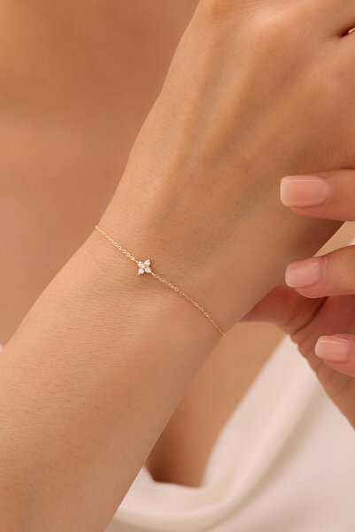 GENORO JEWEL 14 Ayar Altın Dört Taşlı Minimalist Çiçek Bileklik