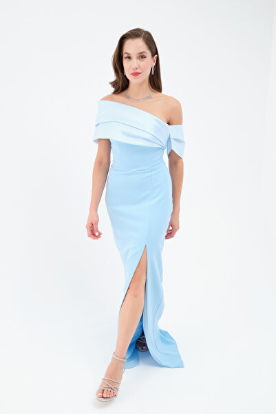 Lafaba Rochie de seară lungă pentru femei, albastru bebeluș, cu decolteu și cu fante