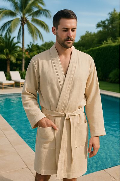 Elvya Muslin Kimono Bathrobe – Unisex |   100% Cotton Soft 2 Layer Natural Fabric