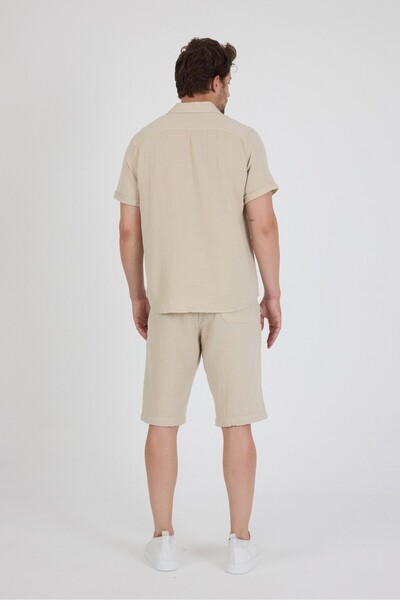 Wise Men's Suit Linen Look Muslin Short Sleeve Shirt Shorts Set 100% Cotton