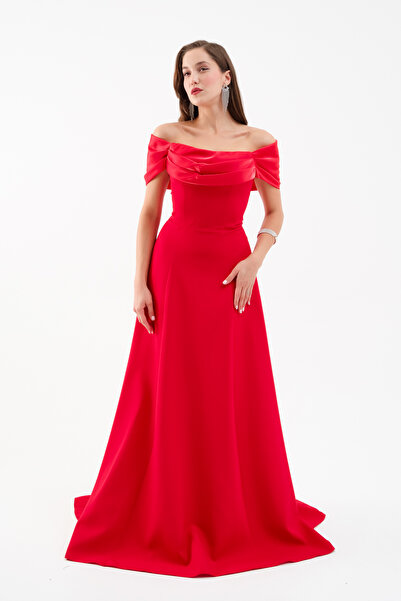 Lafaba Women's Red Collar Detail Promise Engagement Long Evening Dress
