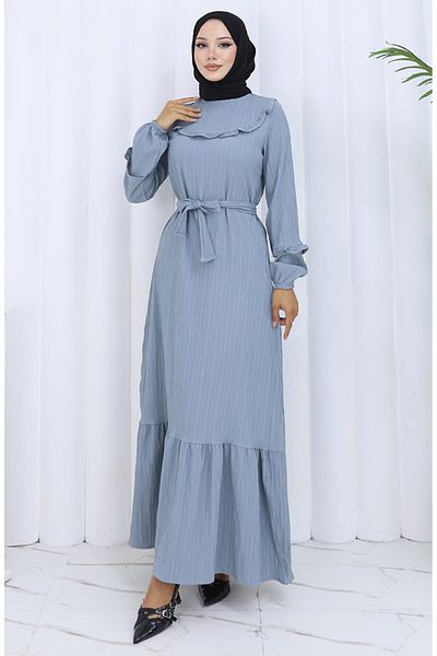 sefamerve Rochie cu guler cu volane și curea 2123-03 Gri