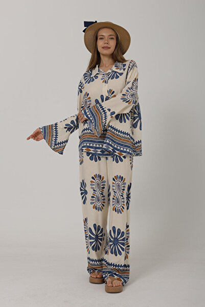 VAGGON Women's Blue Patterned Shirt with Flounce Sleeves and Elastic Waist Trousers Set Vs00589