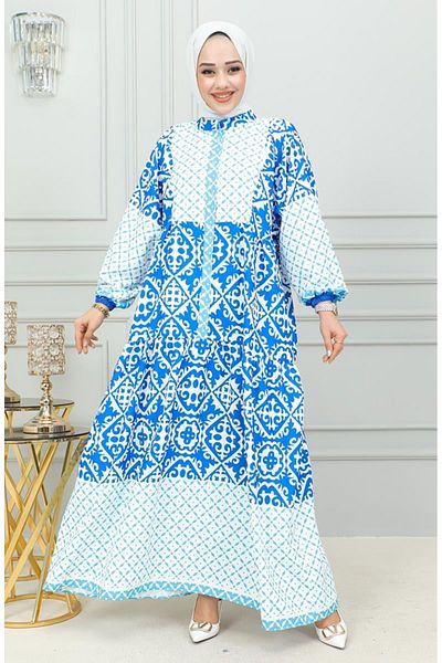 sefamerve Rochie Hijab cu Motive Etnice 0302-02 Albastru
