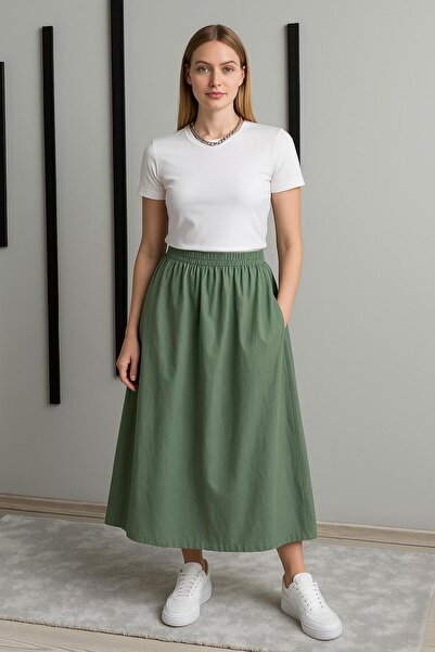 Rora Fusta lungă din poplin elastică pentru femei, cu buzunare