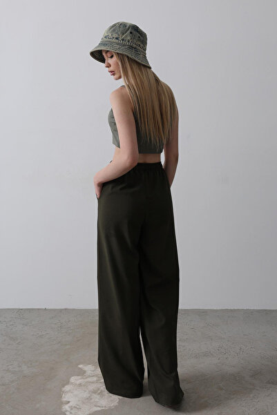 VAGGON Women's Dark Khaki Double Pocket Elastic Waist Wide Leg Pants Vs00529
