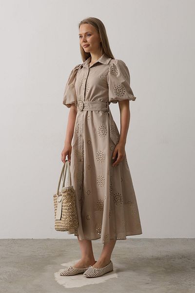 VAGGON Balloon Sleeve Belted Brode Dress