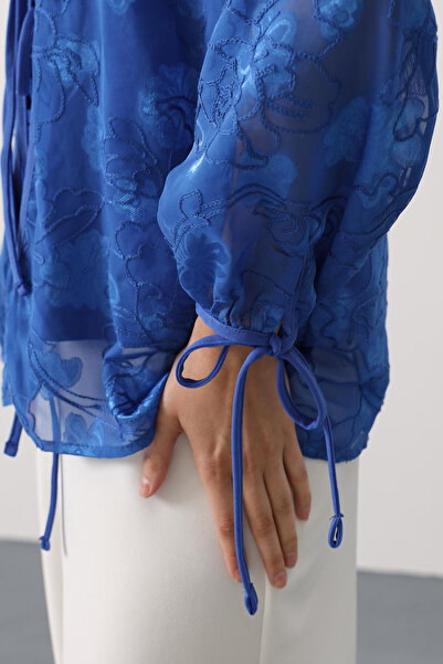 VAGGON Women's Cobalt Self Patterned Tie Detail Chiffon Blouse Vs00554