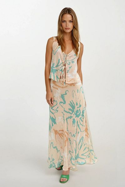 VAGGON Women's Pudra Lace-Up Sleeveless Blouse and Maxi Length Patterned Skirt Set Vs00433