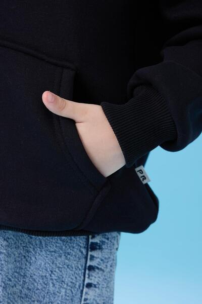 Perendi Unisex Kapüşonlu Kanguru Cepli Şardonlu Kışlık Sweatshirt - Siyah