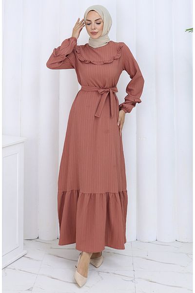 sefamerve Rochie cu guler cu volane și curea 2123-02 Dusty Rose