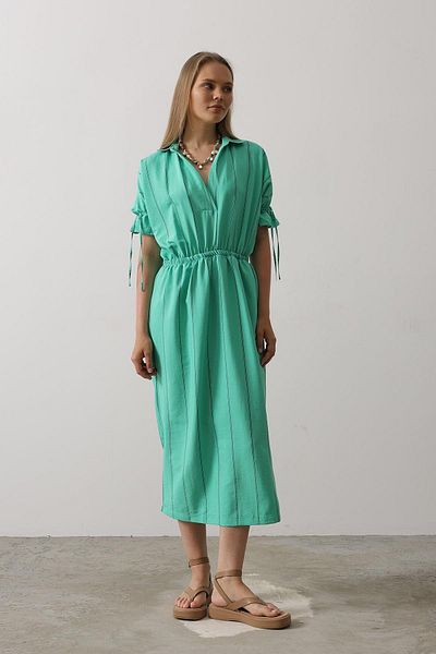 VAGGON Women's Green Shirt Collar Waist and Sleeve Elastic Striped Dress Vs00564