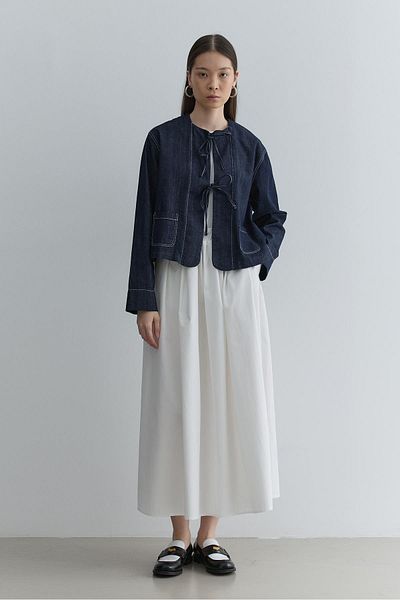 Fahhar Short Denim Jacket with Tie Detail Navy Blue