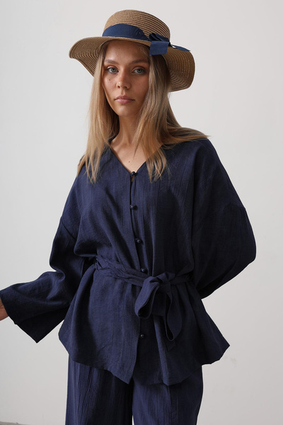 VAGGON Women's Navy Blue Tie-Waist Tunic and Tie-Waist Pants Set Vs00562