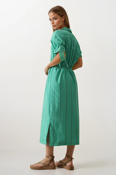 VAGGON Γυναικείο πράσινο πουκάμισο με ριγέ φόρεμα με ελαστική μέση και μανίκια Vs00564