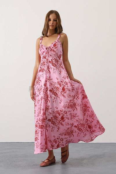 VAGGON Women's Pink Floral Patterned Strap Muslin Dress Vs00649