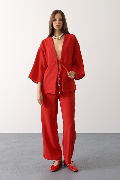 VAGGON Women's Red Tie Detail Blouse and Elastic Waist Pants Linen Suit Vs00436