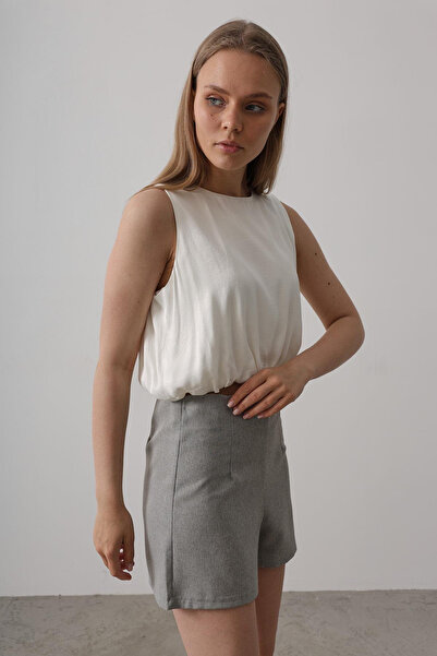 VAGGON Women's Ecru Satin Sleeveless Elastic Waist Blouse Vs00601