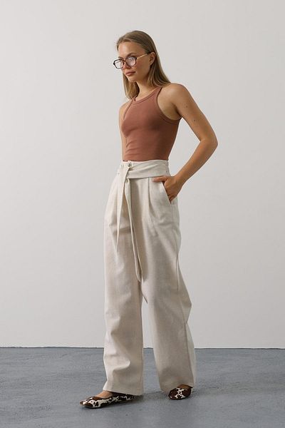 VAGGON Women's Cream Double Pocket Belt Detail Button Closure Palazzo Pants Vs00548