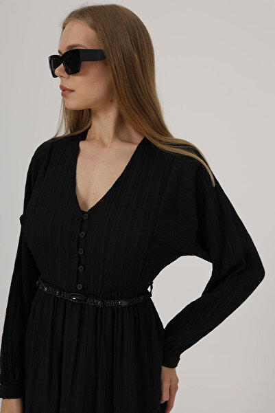 VAGGON Γυναικείο μαύρο μακρυμάνικο φόρεμα με ζώνη με μισό κουμπί μπροστά Vs00521