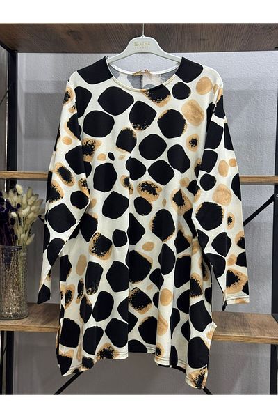 ÖZNE BUTİK Plus Size Women's 100% Cotton Lycra A-Line Cycling Collar Pattern Combed Cotton Tunic
