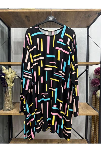 ÖZNE BUTİK Plus Size Women's 100% Cotton Lycra A-Line Cycling Collar Pattern Combed Cotton Tunic