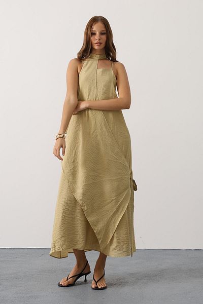 VAGGON Women's Oil Green Asymmetrical Tie-Up Long Bohemian Dress Vs00631