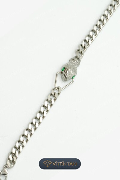 Çelik Yılan Figürlü Gümüş Renk Ezme Zincir Bileklik