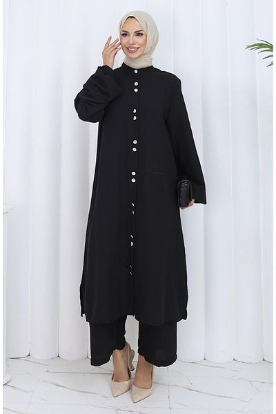 sefamerve Pantaloni tunică cu nasturi înalți Set dublu 2114-05 Negru