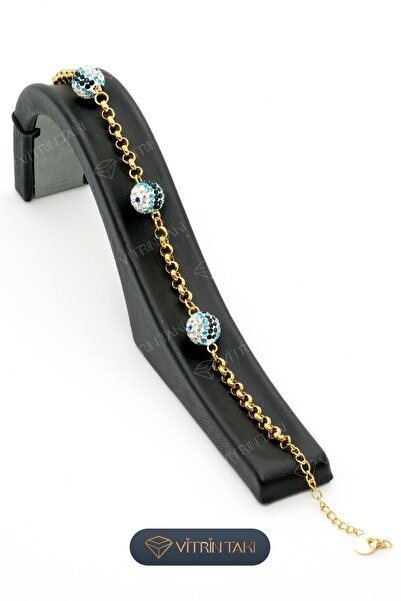 Çelik Nazar Boncuğu Detaylı Altın Renk Bileklik