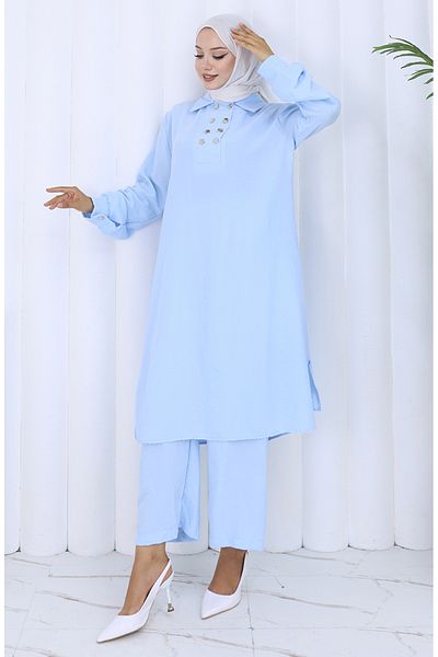 sefamerve Pantaloni tunică cu nasturi dublu Set de două piese 2118-04 Albastru