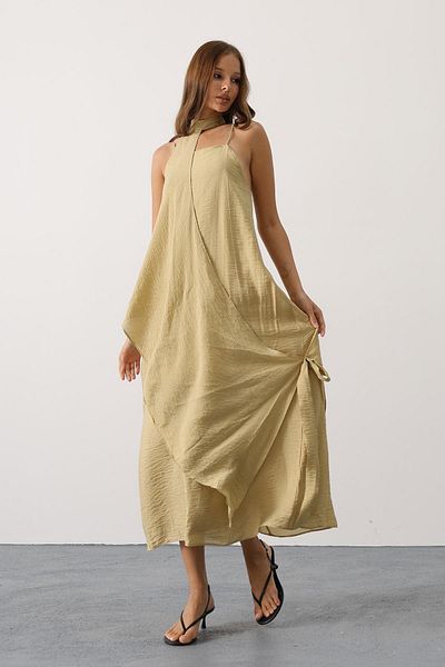 VAGGON Women's Oil Green Asymmetrical Tie-Up Long Bohemian Dress Vs00631