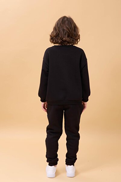 Perendi Boy's Crew Neck Hooded Winter 2-Piece Tracksuit Set - Black