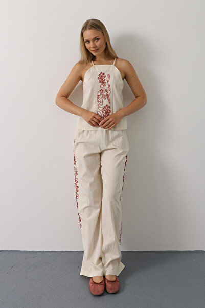 VAGGON Women's Cream Beaded Strap Trousers Set Vs00622