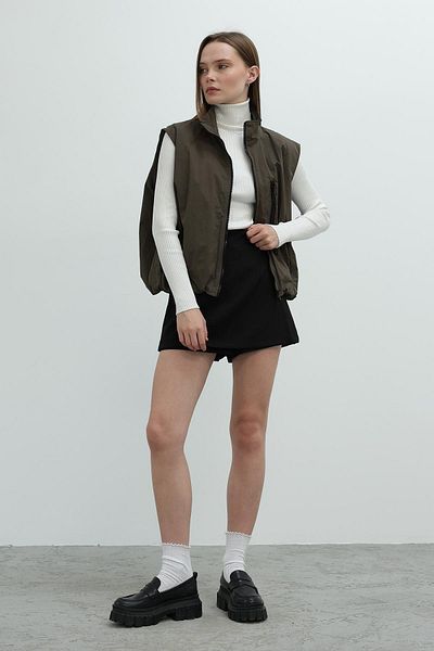 VAGGON Women's Khaki Zipper Pocket Elastic Waist Parachute Vest Vs00434