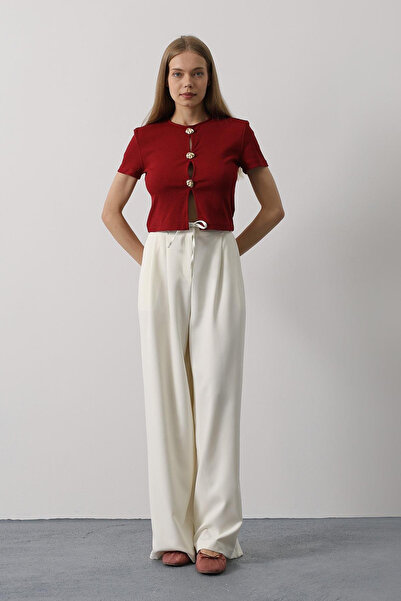 VAGGON Women's Ecru Double Pocket Pleated Lace-Up Oversize Trousers Vs00534