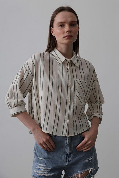 VAGGON Women's Green Beige Striped Short Shirt with Pockets Vs00500