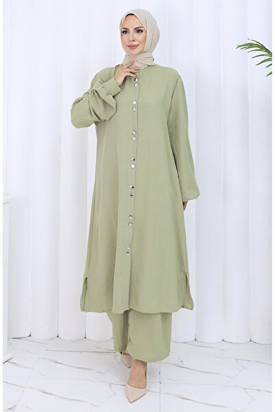 sefamerve Full-Length Buttoned Tunic Trousers Double Suit 2114-01 Mold Green
