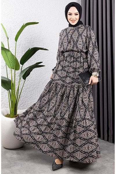 sefamerve Rochie din viscoză cu șireturi în talie 7109-03 Negru