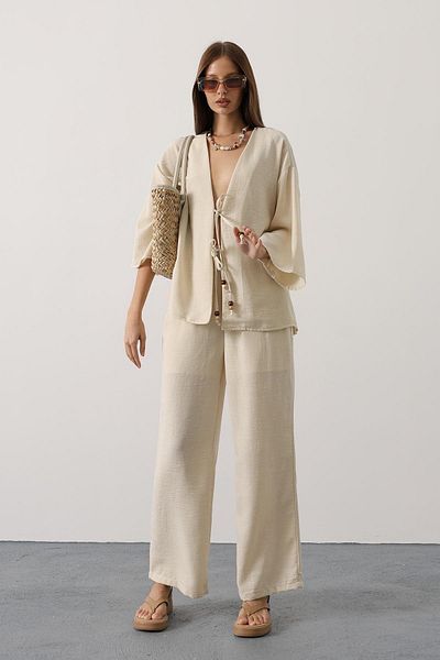 VAGGON Women's Stone Tie Detailed Blouse and Elastic Waist Trousers Linen Suit Vs00436