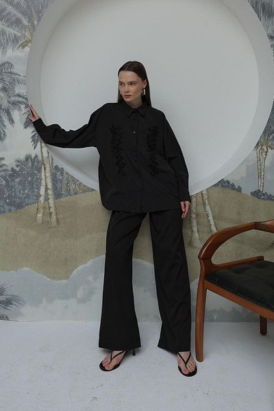 VAGGON Women's Black Bead Embroidery Detailed Oversize Shirt Vs00508