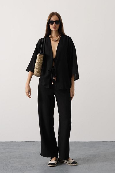 VAGGON Women's Black Tie Detail Blouse and Elastic Waist Pants Linen Suit Vs00436