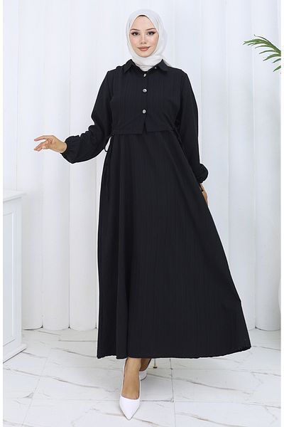 sefamerve Rochie vestă cu nasturi Set dublu 2119-01 Negru
