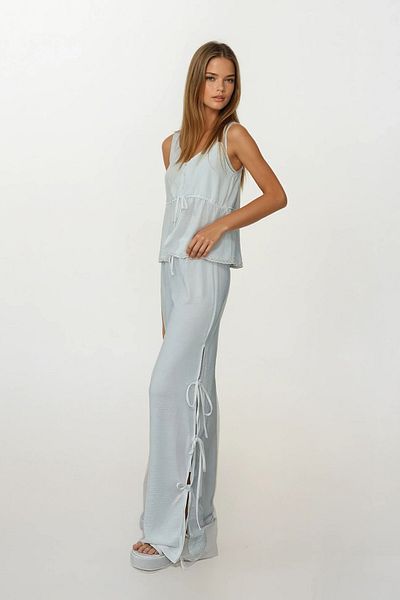 VAGGON Women's White Bow Blouse and Elastic Waist Pants Set Vs00446