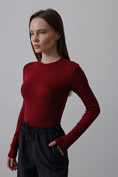 VAGGON Women's Burgundy Long Sleeve Crop Top Blouse Vs00511