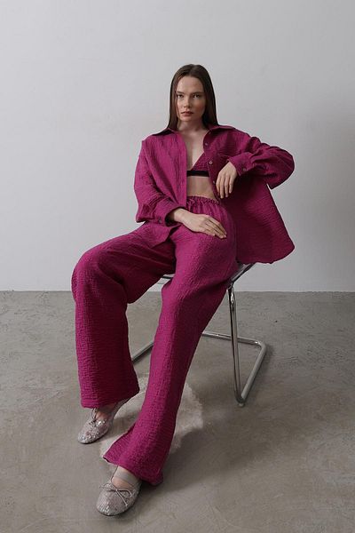 VAGGON Women's Purple Pocket Shirt and Bustier Elastic Waist Pants Jacquard 3-Piece Suit Vs00497