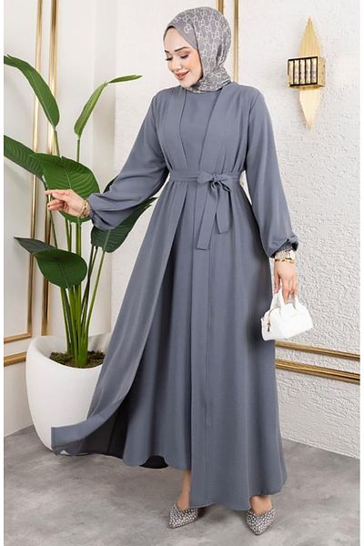 sefamerve Costum Abaya Nobil 0336-05 Gri argintiu