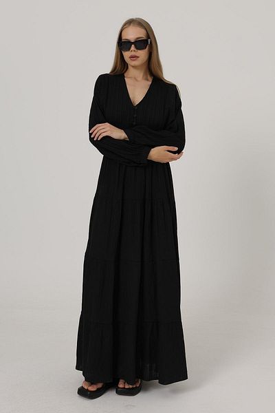VAGGON Rochie neagră pentru femei, cu jumătate de nasturi, cu mâneci lungi, cu centură VS00521