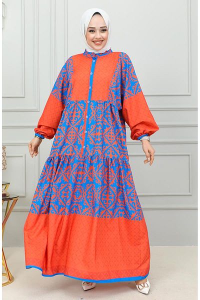 sefamerve Rochie Hijab cu Motive Etnice 0302-01 Bleumarin